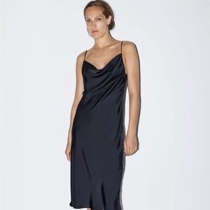 Zara Womens Large Satin Slip Dress Black‎ Low Back Cowl Neck Minimal Chic 90s